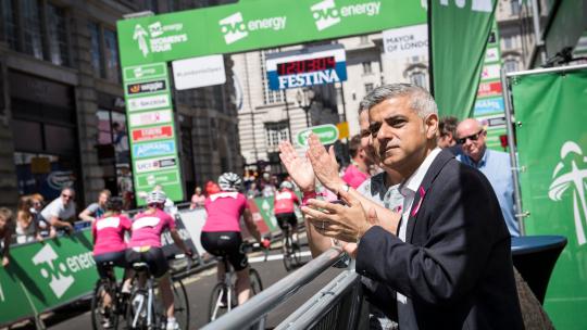 Mayor of London Sadiq Khan cheering on cyclists at Britain Cancer Care Cycle event