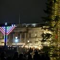 Giant Menorah in front of The National Gallery, next to a Christmas Tree